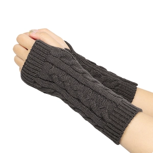 Dark grey cable knit fingerless gloves and wrist warmer sleeves for winter warmth