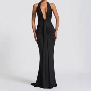 Elegant black deep V-neck halter maxi dress with ruched detail and fishtail silhouette