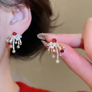 Vintage gold-plated floral earrings with red and green gemstones and cubic zirconia tassels