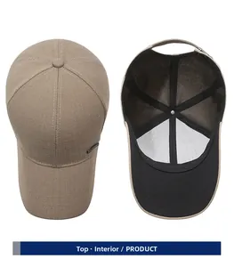 Detail view of khaki baseball cap featuring the crown structure and interior lining