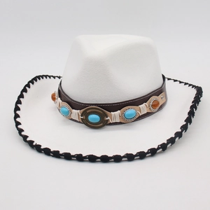 White felt cowboy hat with turquoise stone band and black woven edge detail