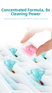 Macro of laundry fragrance beads in hand showing deep fiber cleaning and 8x power