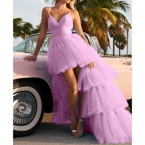 Detail of lavender sequined tulle wedding gown with spaghetti straps and layered train