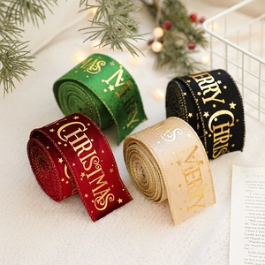 Christmas Velvet Ribbon Gold Stamped Merry Christmas Star Print For Gift Wrapping Tree Decoration Festive Party Decor