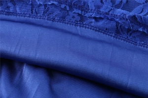 Macro shot of dark blue floral lace fabric with soft knit lining and refined textures
