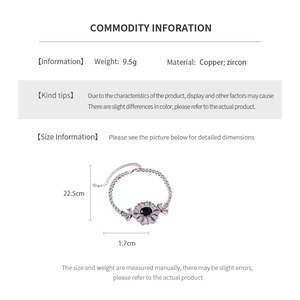 Spécifications de taille pour bracelet fleur en cuivre avec zircon bleu et dimensions
