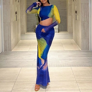 Two-piece mesh set with blue and yellow print, long sleeve crop top and maxi skirt
