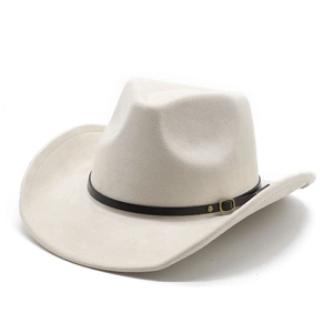 Classic cream western cowboy felt hat with a brown leather band and gold buckle detail