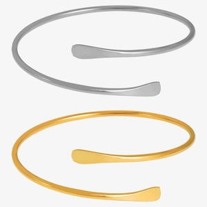 Minimalist adjustable open bangles in polished 18k gold and silver stainless steel finishes