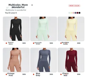 Detailansicht nahtloser Langarm-Yogashirts in sechs Farben mit Daumenlochbündchen