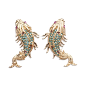 Elegant gold-plated carp fish earrings with light blue and purple rhinestones