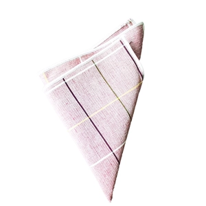Pink pocket square with yellow plaid pattern in a premium cotton-linen blend fabric