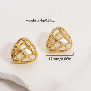Detail of gold woven triangle earrings with white pearl inlay showing weight and size