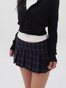 Dark blue plaid pleated JK skirt with low waist design and sexy slim fit style