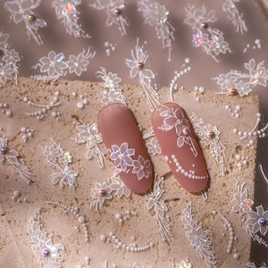 5D Embossed Nail Art Stickers White Floral Lace Design With Faux Artificial Pearl Decals Adhesive Manicure Decoration For Women DIY Nails