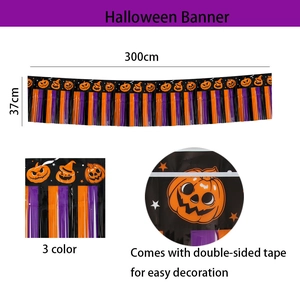 Bannière Halloween 300cm avec glands noir orange violet et design de citrouille