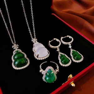 Vintage Chinese Style Gourd Pendant Necklace Earrings Ring Green Resin Zircon Copper Jewelry For Women Elegant Retro