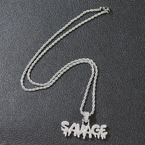 Savage letter pendant hip hop necklace with twist chain and silver dripping diamonds
