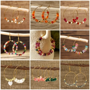 Bohemian Gold Color Stainless Steel Hoop Earrings With Semi Precious Stone Beads Vintage Handmade Elegant For Women