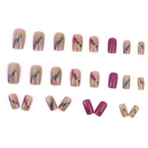 Colorful gradient press-on nails with abstract hand-painted patterns on white background