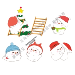 Close-up of cute resin snowman figurines and Christmas tree miniatures set