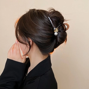 Maillard style bow hair claw with crystal pearls and golden flowers for elegant hairstyles