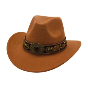 Detail of western felt hat with decorative black band and red gemstone buckle ornament