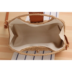 Handwoven paper rope shoulder bag with khaki texture and brown leather strap details