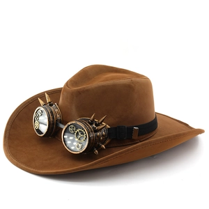 Steampunk western suede cowboy hat with vintage goggles and gear details on white background