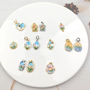 Floral oil painting enamel charms in heart and oval shapes for DIY jewelry making