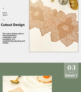 Close-up of golden PVC table runner showing intricate hollowed floral patterns and texture