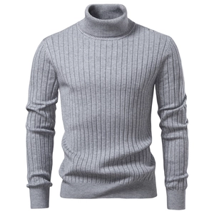Close-up of grey turtleneck sweater showing detailed ribbed knit texture and elastic fabric