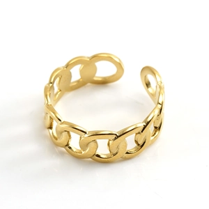 Adjustable gold plated stainless steel open ring with a chunky chain link texture