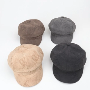 Suede patchwork newsboy hats in four colors: brown, dark grey, beige, and black