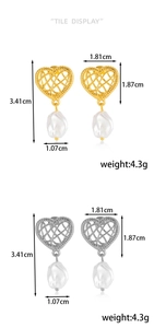 Detailed tile display of heart earrings in gold and silver with baroque pearl charms