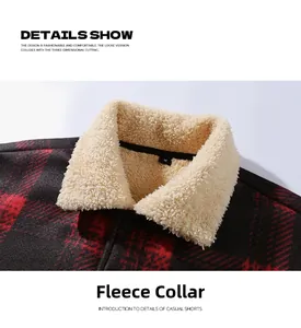 Detail of red and black plaid jacket showing warm fleece lining and turn-down collar
