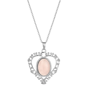 Collier vintage argenté avec pendentif cœur ajouré et pierre précieuse ovale rose