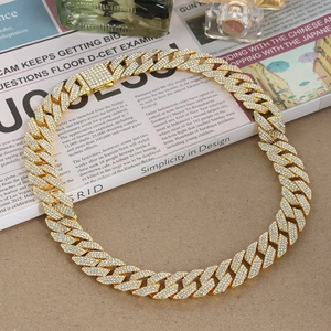 15mm gold rhombic Cuban link necklace with sparkling crystals in professional display