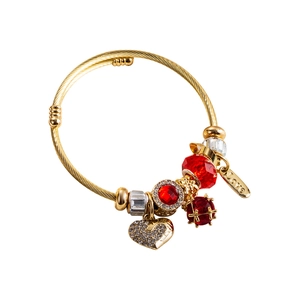 Golden steel rope bracelet with red crystal charms and heart pendant with LOVE tag