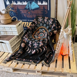 Bohemian black mandala knit blanket with moon phases and fringe for camping decor