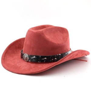 Detail of red suede cowboy hat featuring a lion head metal emblem and silver studs