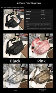 Detailed view of quilted waist bags in four metallic colors with size 39x18x9cm