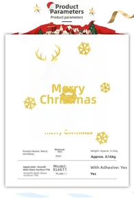 Detailed chart showing golden Christmas deer wall stickers with PVC material and size specs