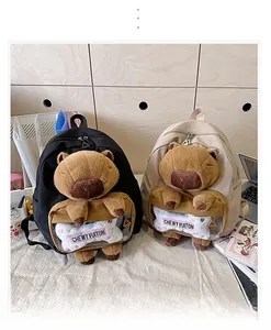 Detail of mini Capybara plush backpacks in black and beige with cute animal character