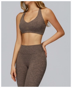 Detail of heathered brown brushed fabric on racerback yoga bra and leggings set