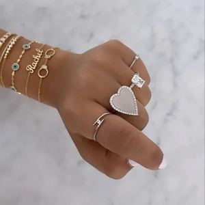 Detail of S925 silver heart ring with mother-of-pearl and pave zircon stones for women