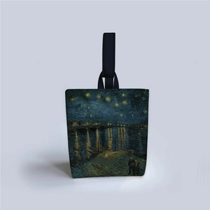 Detailed canvas tote bag featuring Van Gogh's Starry Night Over the Rhone with black straps