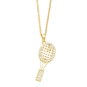 Minimalist gold tennis racket necklace with micro-pave zirconia pendant and cross chain