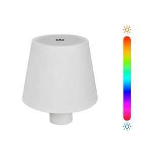 Close-up of a white conical lamp showing touch power icon and color adjustment scale