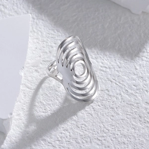 Minimalist multi-layer hollow stainless steel geometric open ring in silver finish